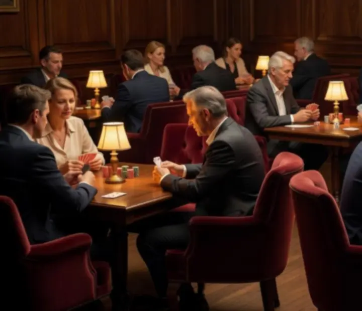 Večerní atmosféra karetního salonku s pokerovým stolem