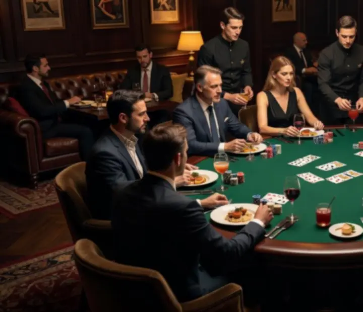 Hosté u pokerového stolu s jídlem a drinky