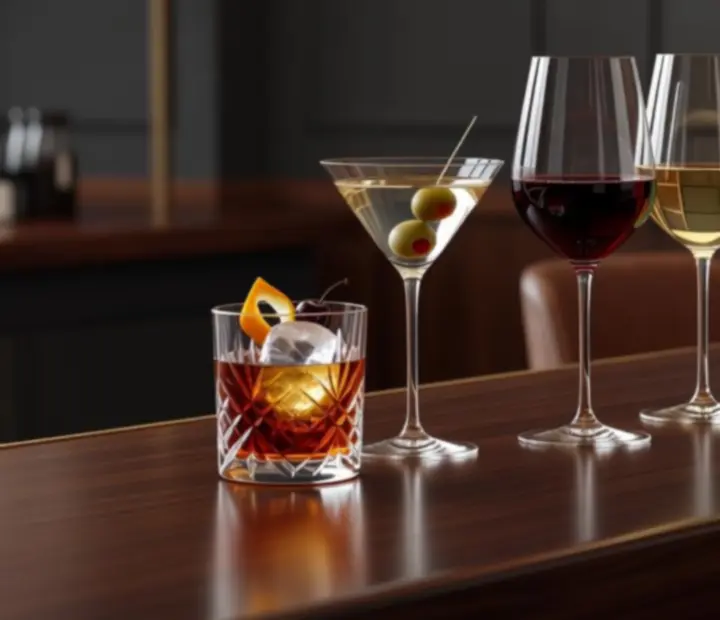 Míchané drinky a sklenky vína na barovém pultu