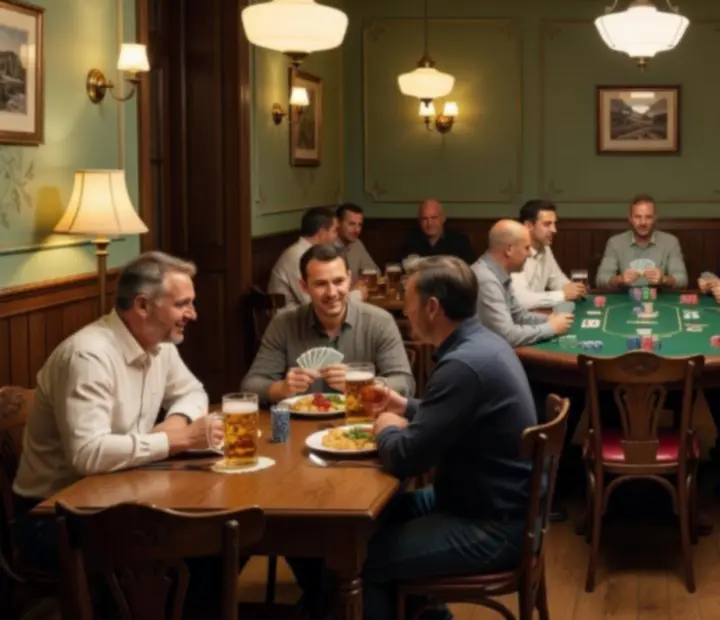 Elegantní restaurace s pokerovým stolem, kartami a žetony ve Starém Salónku