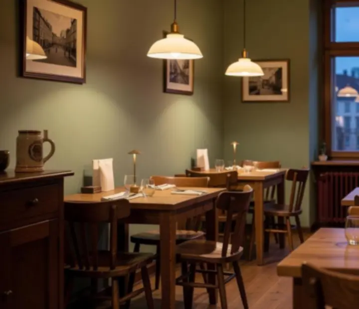 Interiér restaurace Starý Salónek s teplým osvětlením a dřevěnými detaily