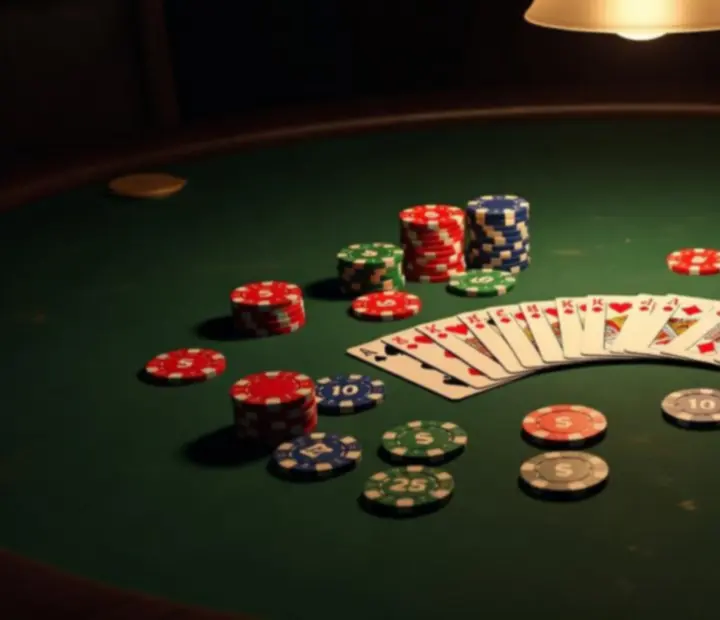 Karty a žetony připravené na pokerovém stole