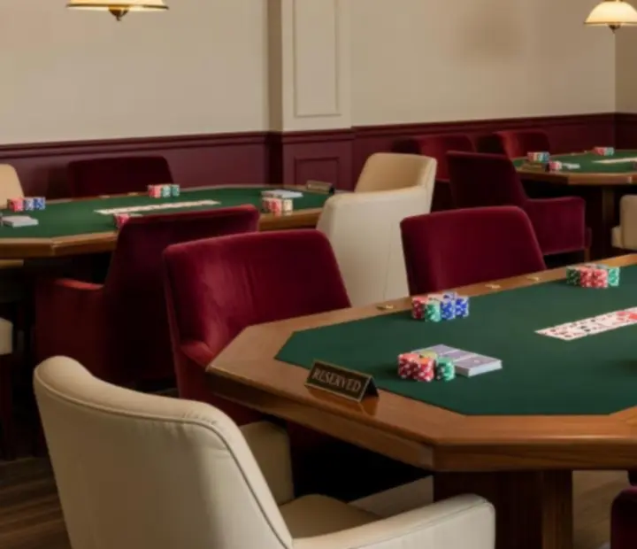Skupina hostů u pokerového stolu při večerní atmosféře