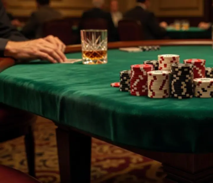 Detail profesionálního pokerového stolu se žetony a kartami