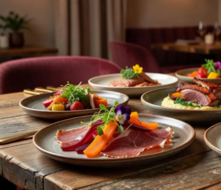 Servírované restauranční jídlo na elegantním stole ve Starém Salónku