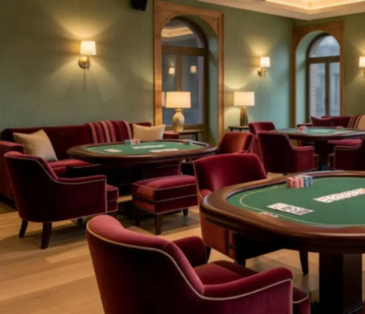 Interiér karetního salonku Starý Salónek se skutečnými pokerovými stoly a pohodlnými křesly